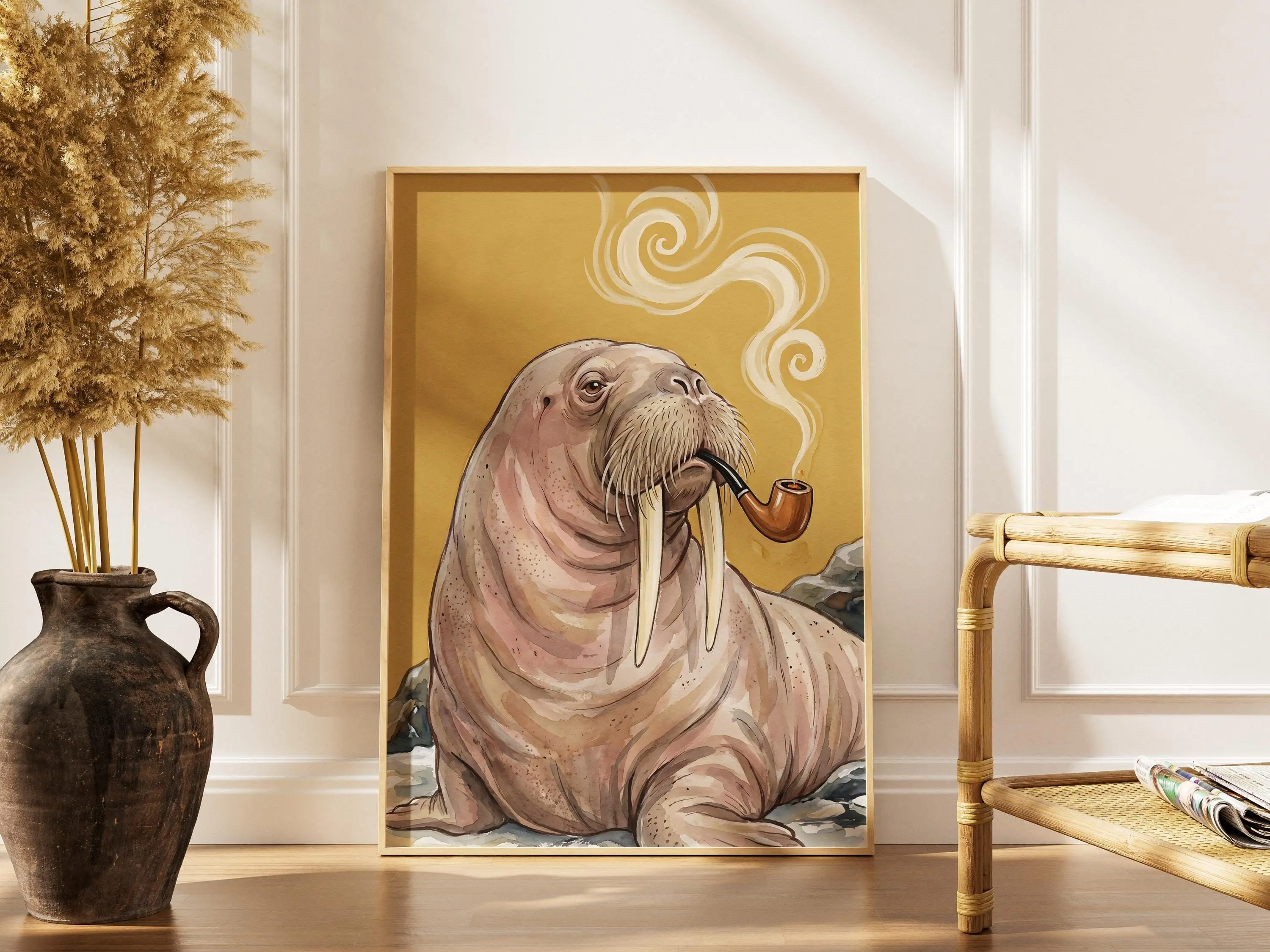 [SALE UP TO 40%] [Unframed] Walrus Smoking Pipe Print, Funny Animal Wall Art, Vintage Natural History, Quirky Man Cave Decor, Dad Gift, Dark Academia