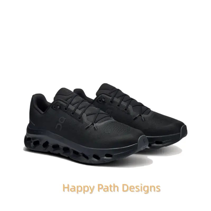 All-Black Lightweight Cushioned Casual Shoes, Engineered Mesh Upper, Hollow Pod Cushioning Midsole