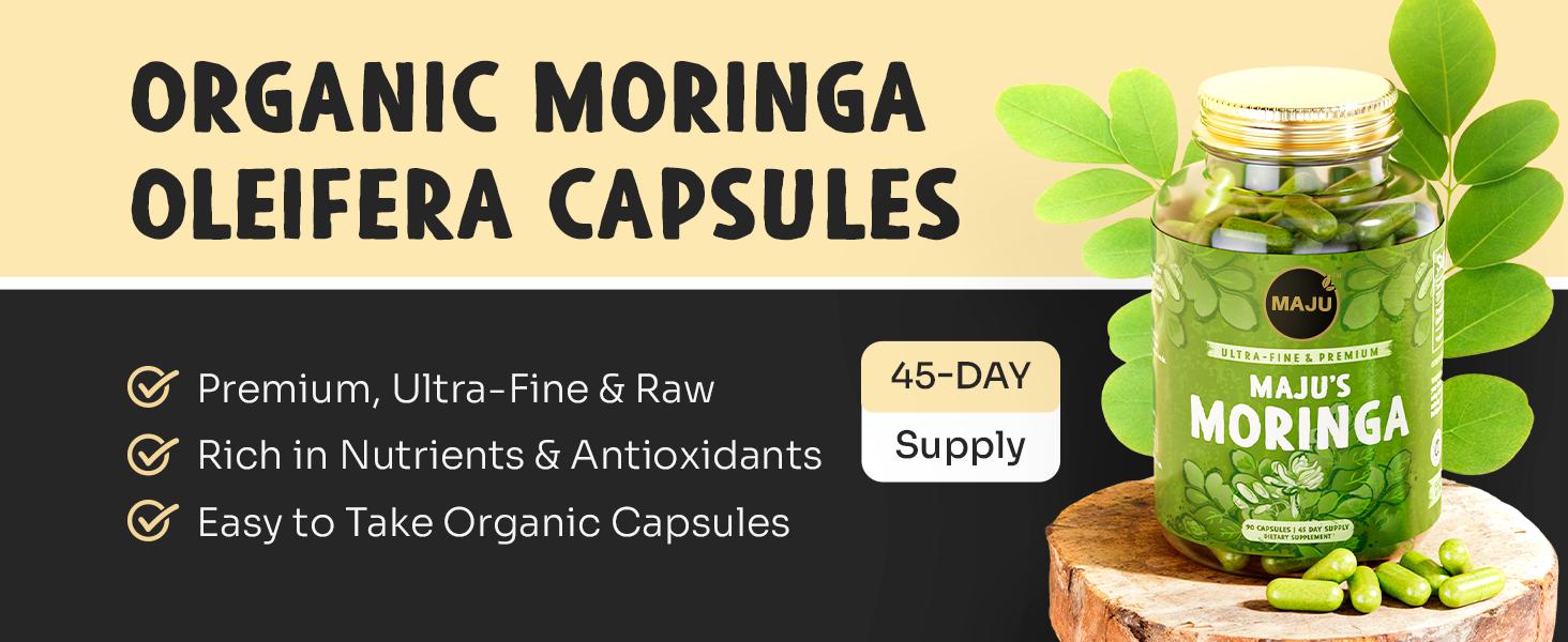 MAJU Moringa Capsules (90ct) - Organic, Non-GMO, Raw, Leaves Hand Picked from the Drumstick Tree and Shade-Dried, Natural Healthcare Dietary Fitness Antioxidant Rich Supplement High Potency Supplement