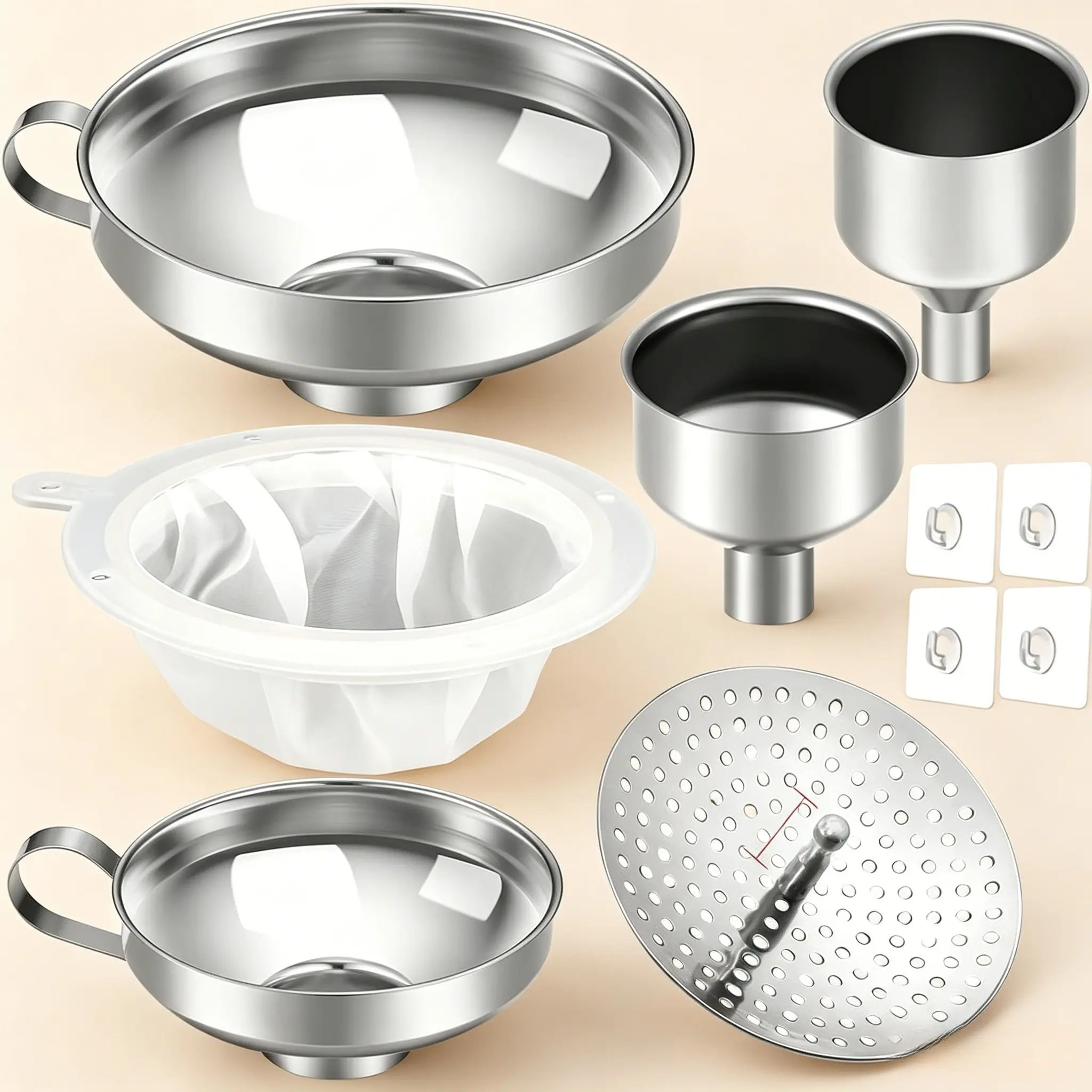 10-Pcs Multi-Size Stainless Steel Wide-Mouth Kitchen Funnels Set with Handles, Mesh Sieves, Colanders, Reusable Oil Filter, Adhesive Hooks, Dishwasher-Safe Kitchen Utensils for Canning, Space-Saving Home Organization