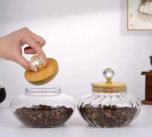 Decorative Glass Pumpkin Jar with Wooden Lid & Crystal Knob - Ribbed Glass Storage Canister for Candy, Cookies, Bathroom Vanity, Kitchen Counter - Aesthetic Home Decor Bottles Tin Organiser