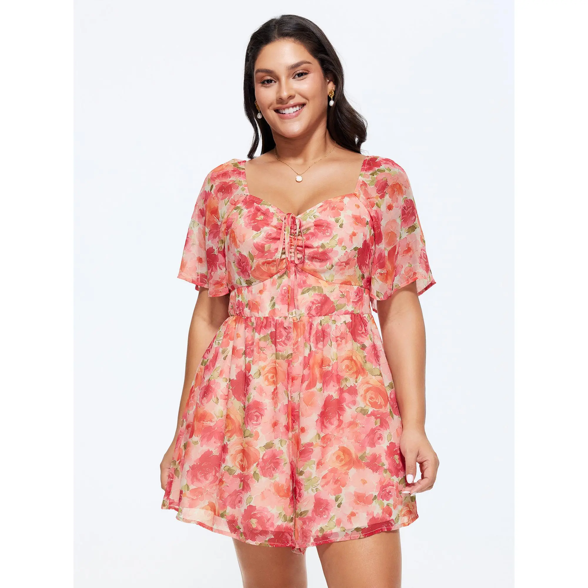 BloomChic Women's Plus Size Classic Floral Polyester Romper with a Lace Up Ruched Bodice, Short Sleeves, and Pockets, Overalls, Shortsleeve, Lady, Fabric