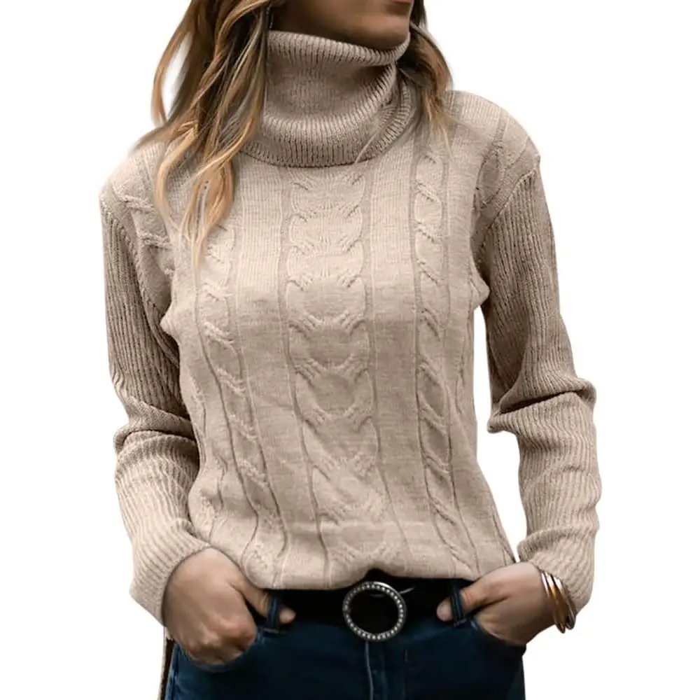 Saodimallsu Women's Turtleneck Cable Knit Pullover Sweater, Long Sleeve Stretchy Slim Fit Top for Fall Winter, Fabric, Knitting, Knitwear, Fitted, Longsleeves, Casual, Tops, Halloween, High Neck, Clothes, Work