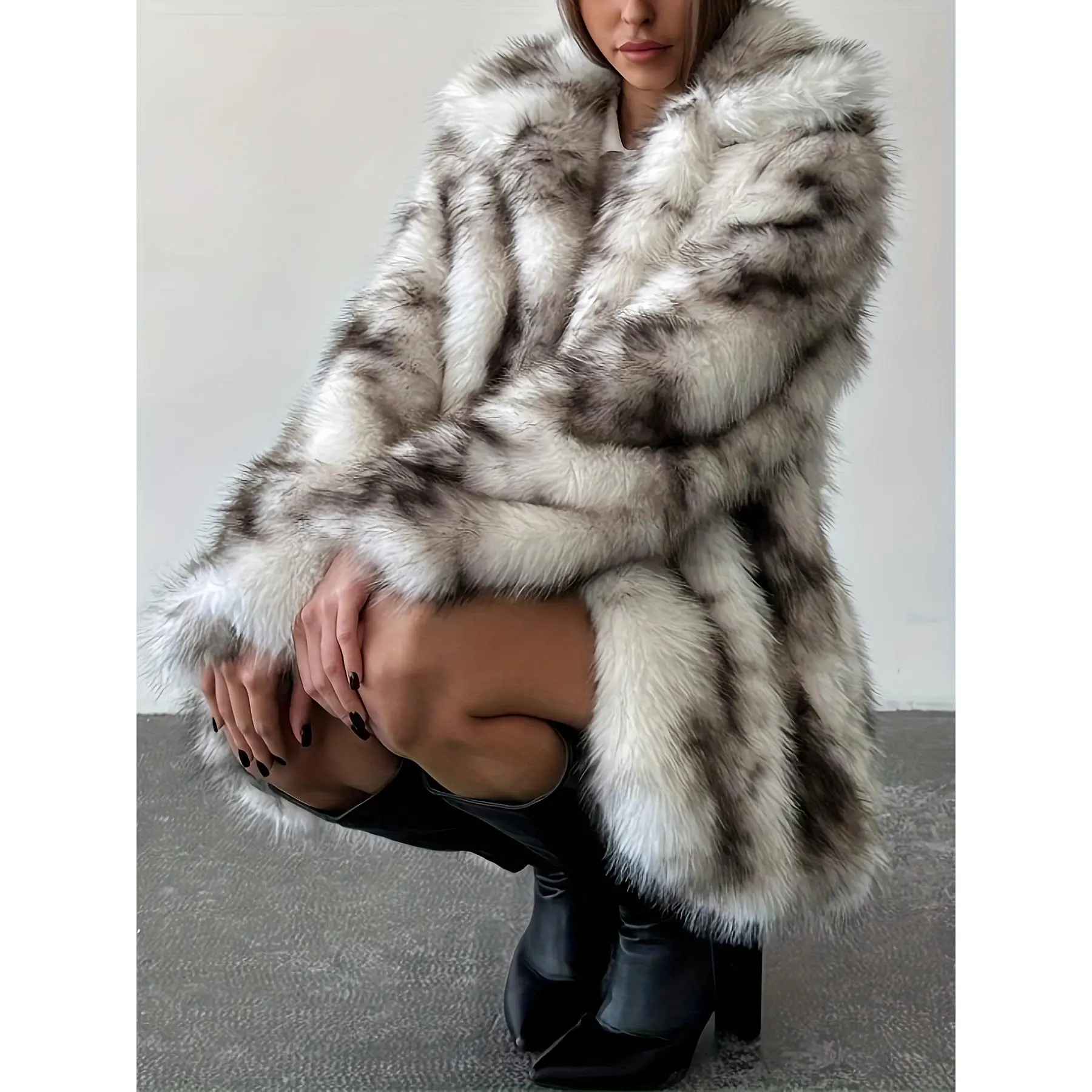 Women's Regular Fit Polyester Faux Fur Woven Jacket - Elegant Tie-Dye Coats, Long Sleeves, Plush Fox-Like Collar, Placket, Machine Wash, Do Not Dry Clean