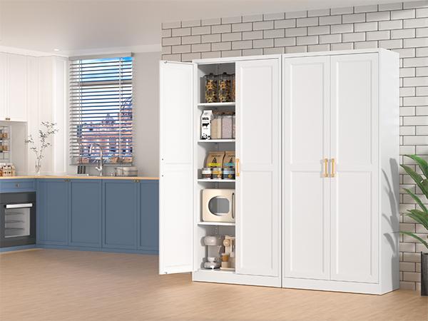 71 Inch Farmhouse Metal Pantry Cabinet, Tall Storage Cabinet with Doors and Adjustable Shelves for Kitchen/Dining/Living Room, Tall Freestanding Storage Cabinet for Garage/Laundry Room/Bathroom, White/Black