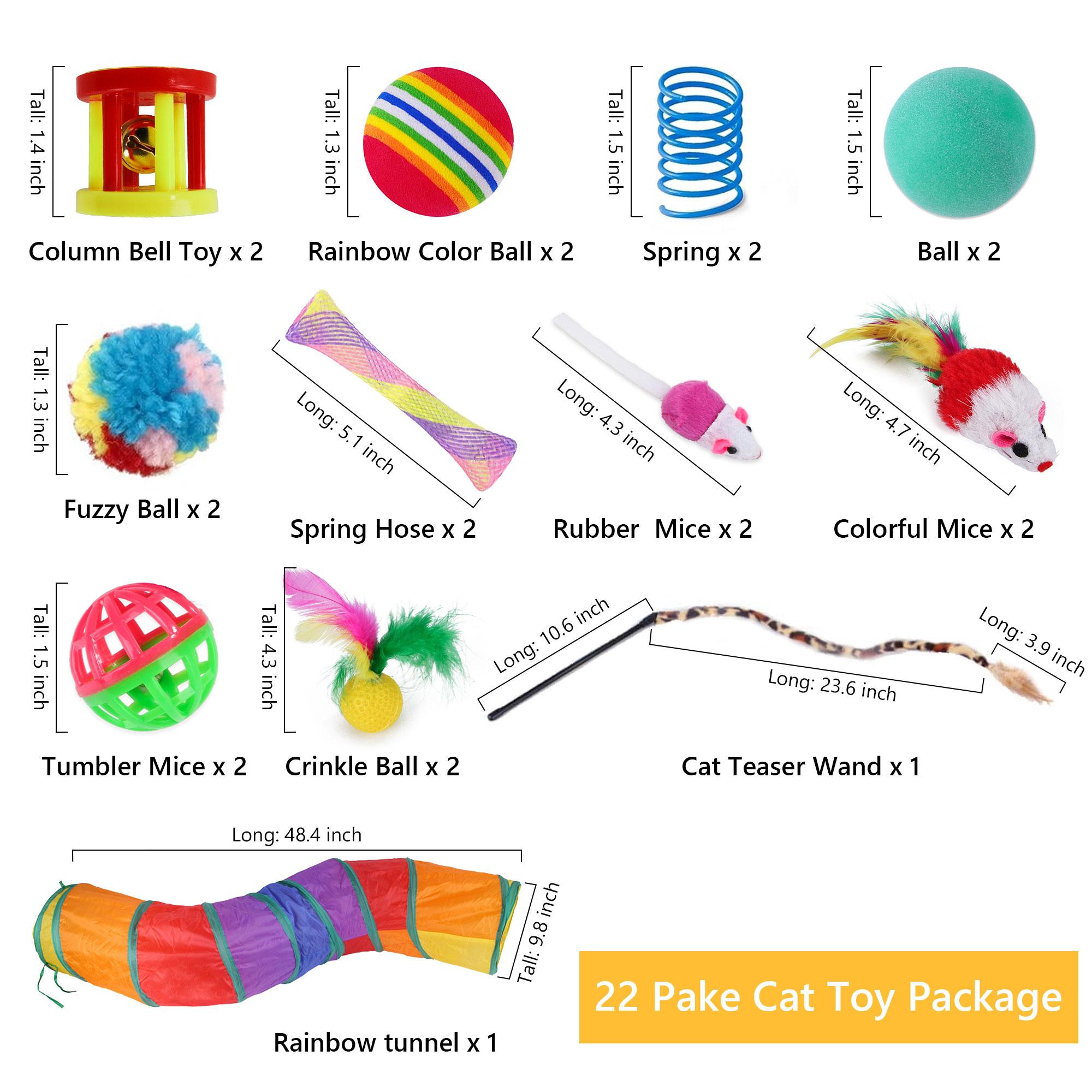 Cat Toys Set - 22pcs Interactive Cat Toys for Kittens & Indoor Cats with Rainbow Tunnel, Feather Teaser Wand, Sisal Mice, Bell Balls & Crinkle Balls