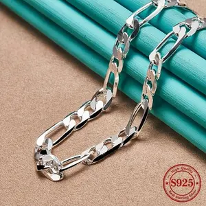 925 Sterling Silver plated  Mens Figaro Link Chain Necklace - 8MM, Silver, Necklace for Men Diamond Cut Silver Link Chain for Women 19.68-25.59inches Valentine's gift