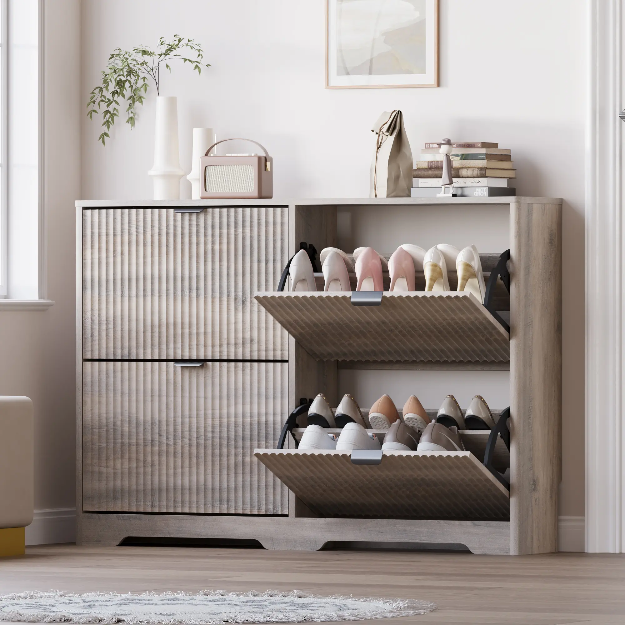 Shoe Cabinet Storage for Entryway with 4 Flip Drawers, Black Fluted Shoe Cabinet with Adjustable Shelves, Wooden Hidden Shoes Rack Freestanding Narrow Slim Shoes Storage for Hallway, Entrance ,dorm essentials,home decor