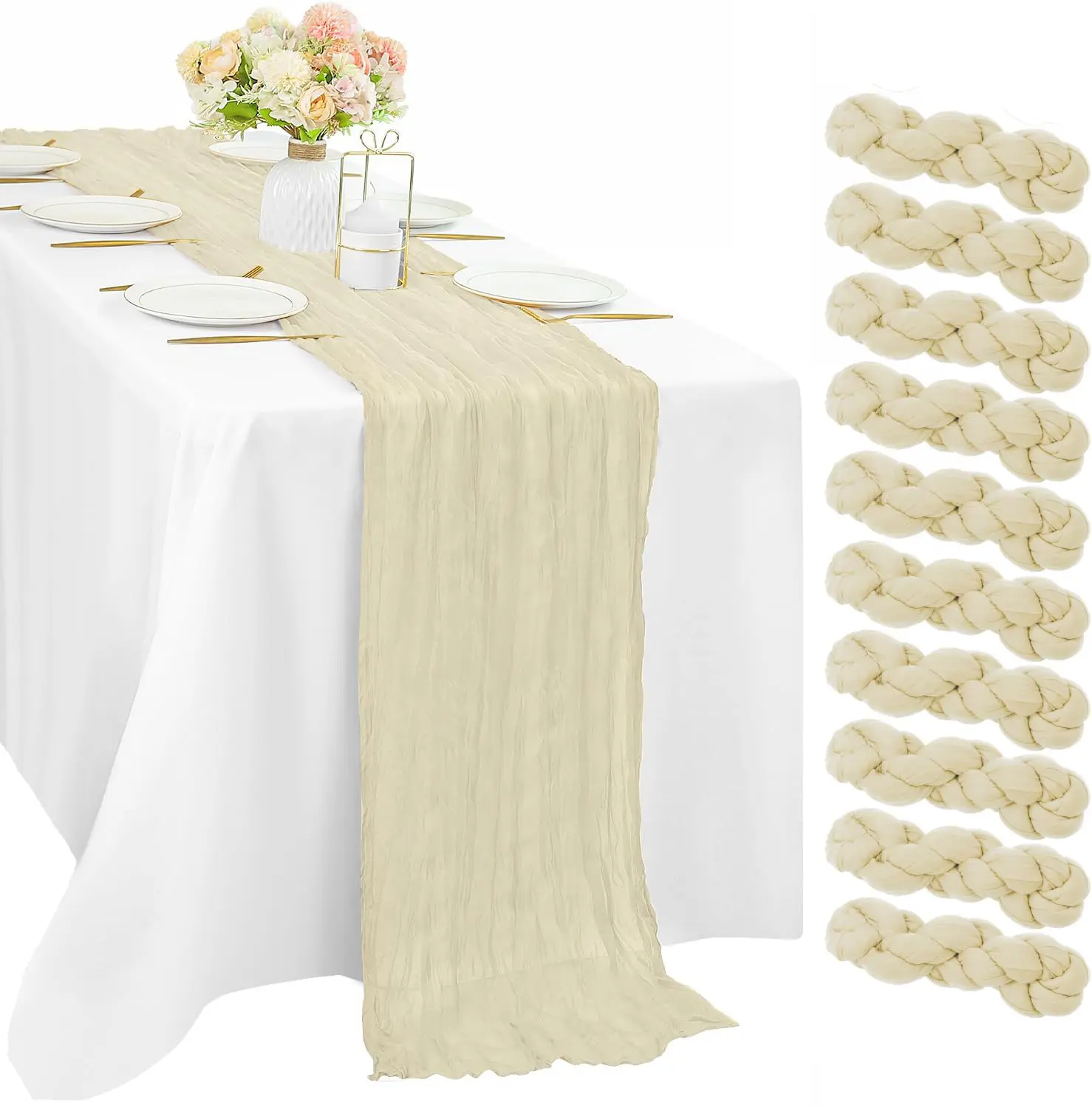 10-pack cheesecloth table runners, bohemian-style gauze fabric, suitable for country weddings, baby showers, and holiday party decorations — easy-to-clean tablecloths