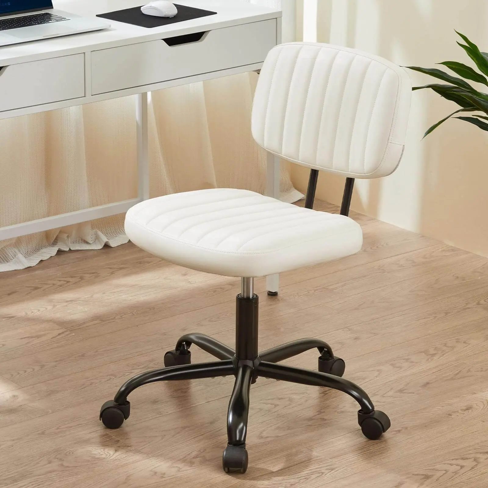 White Armless Ergonomic Office Chair Low Back Lumbar Support Adjustable PU Leather Task Chair 360 Swivel Wheels 3 Colors Small Space