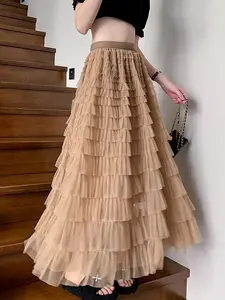 Women's Plain Ruffle Hem Tiered Layer Skirt, Elegant Aesthetic High Waist Long Skirt for Vacation Holiday Party, Ladies Bottoms for All Seasons, Long Skirt Women