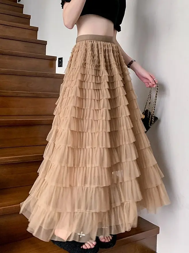 Women's Plain Ruffle Hem Tiered Layer Skirt, Elegant Aesthetic High Waist Long Skirt for Vacation Holiday Party, Ladies Bottoms for All Seasons, Long Skirt Women