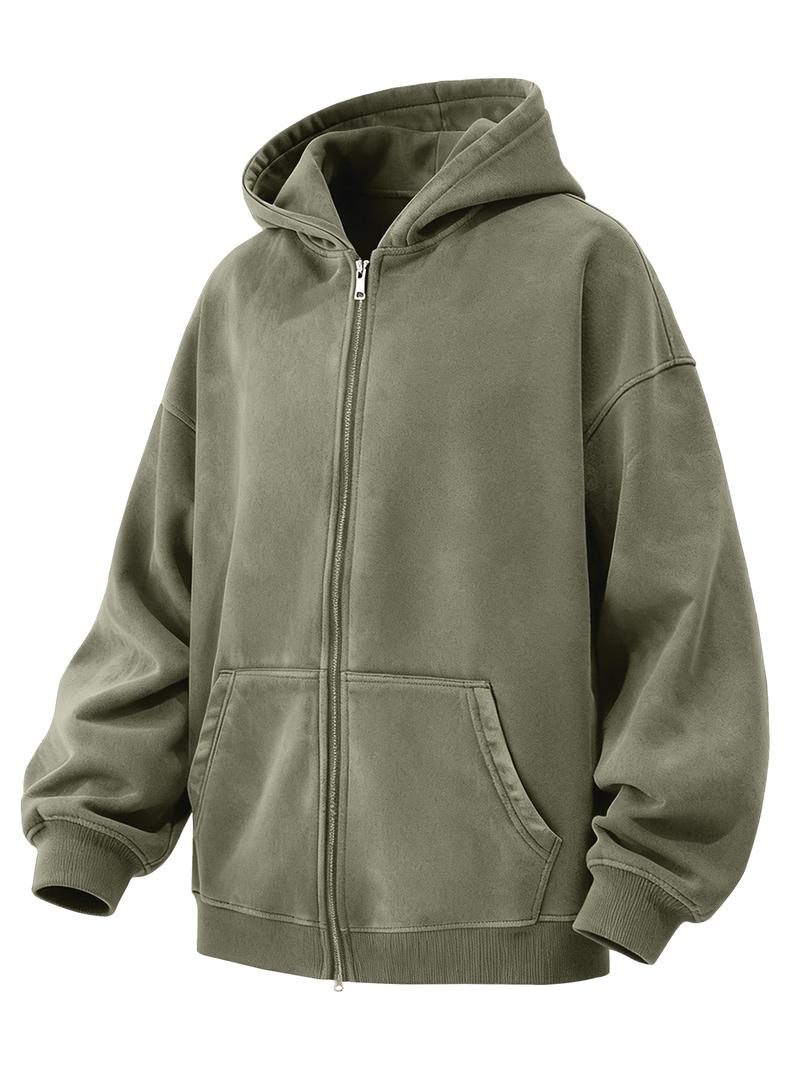 CCCMAI Men's Loose Fit Casual Windproof Zip-Up Hooded Jacket Sweatshirt in Polyester for Daily Commutes, Autumn Winter Outdoor Sports and Travel, Menswear Long Sleeve Coats Plain Tops