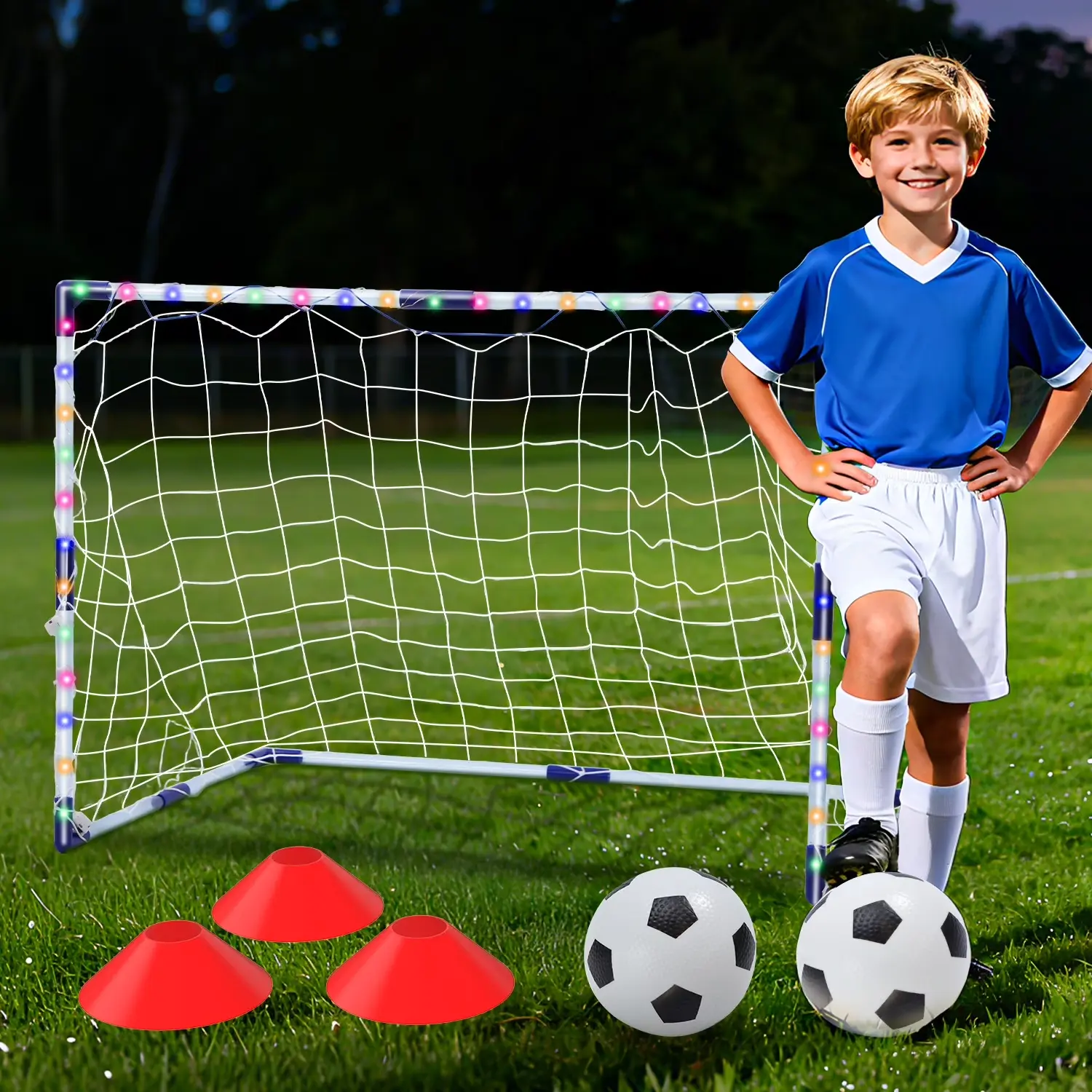 Light-Up Kids Soccer Goal Set for Backyard, Soccer Ball Game Toys with 2 Soccer Balls & 3 Cones, Outdoor Sports Game for Toddler Boys Girls, Wroldcup