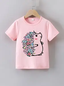 Girls' Summer Short-Sleeve Cartoon 'Flower Hedgehog' Print T-Shirt