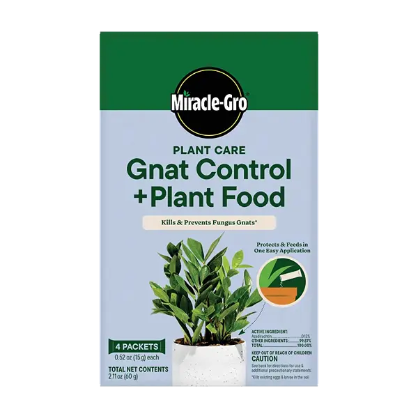 Miracle-Gro Plant Care Gnat Control and Plant Food - 2-in-1 Granules, Feeds Houseplants & Kills Gnats, Four 0.52 oz. packets