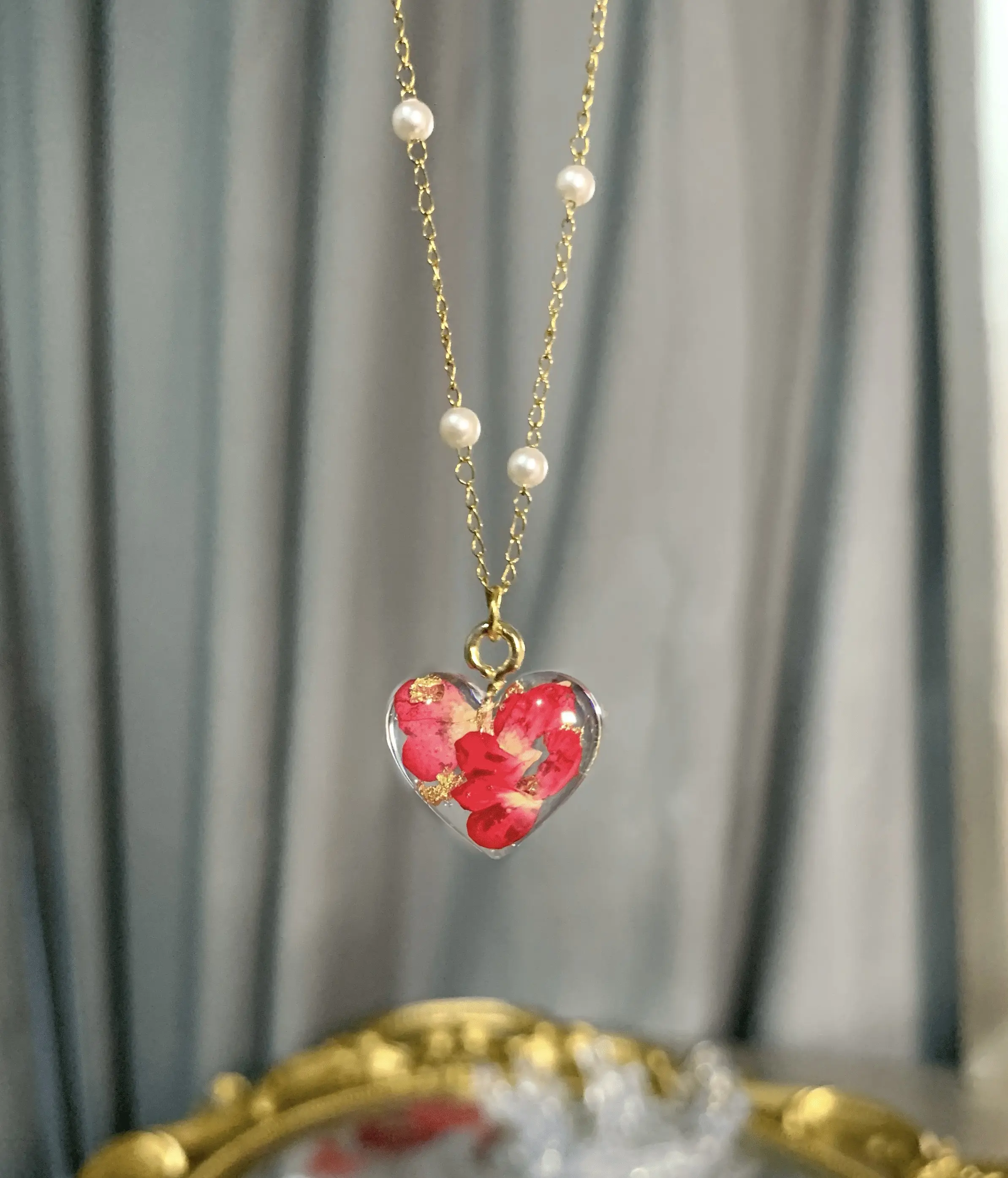Rose Pressed Flower Necklace | Handmade Necklace - 14K Gold Plated