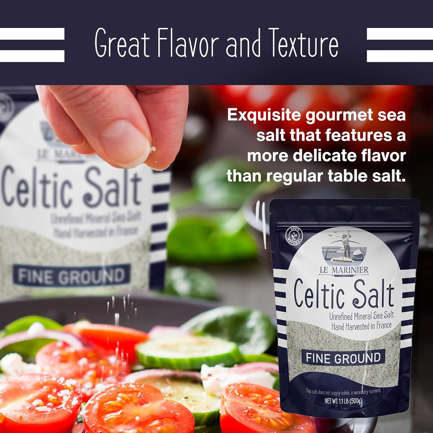 Le Marinier Celtic Salt Fine Ground 8.81oz, Mineral-Rich, Unrefined Sea Salt, 100% Natural, Hand Harvested,Electrolyte, Low Sodium
