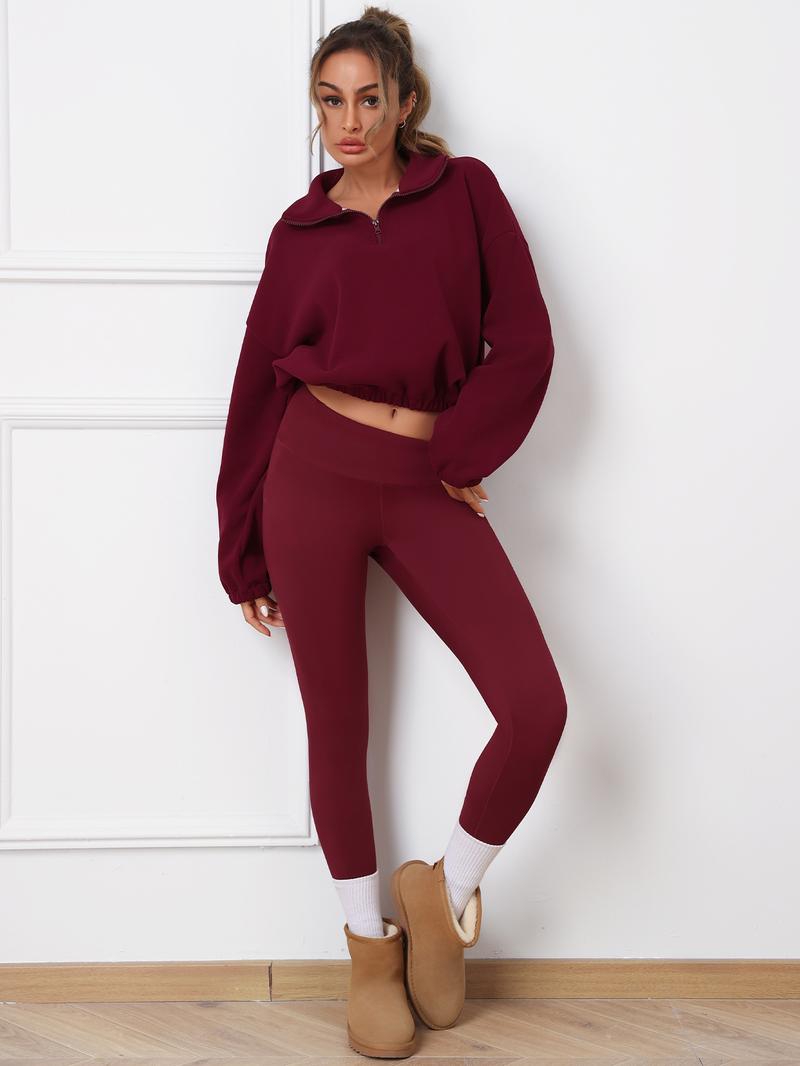 CHRLEISURE Fleece Women Suit Women's Winter Set Fleece Leggings Long Sleeved Tops for Daily Sports Wear in Warm Burgundy