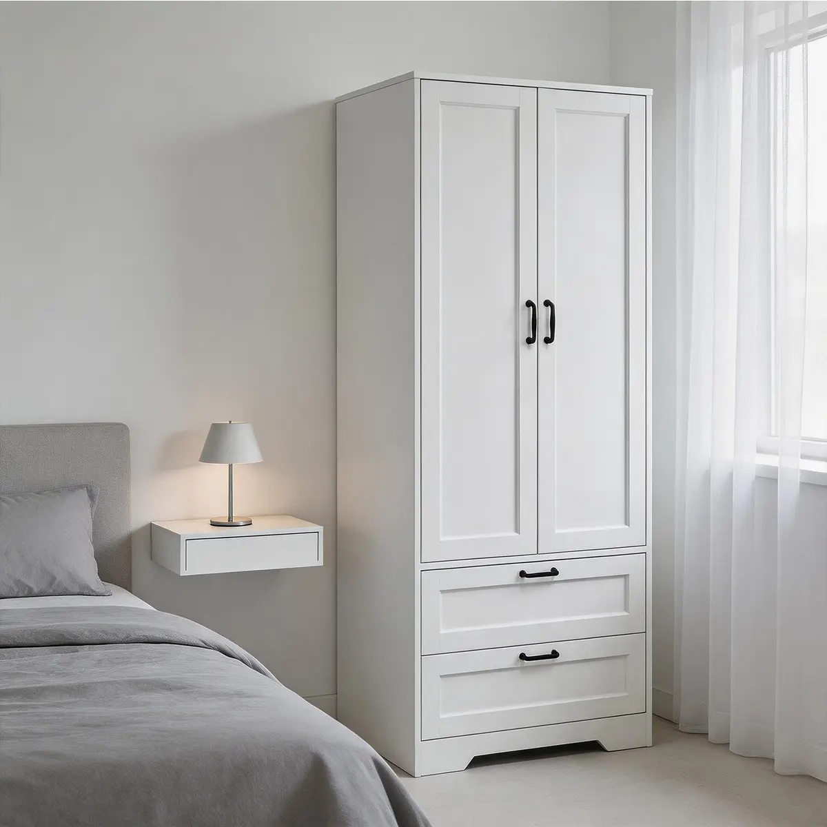Armoire Wardrobe Closet with 2 Drawers,63.5" Wooden Bedroom Armoire with 2 Doors, Clothing Storage Cabinet withHanging Rod,for bedroom