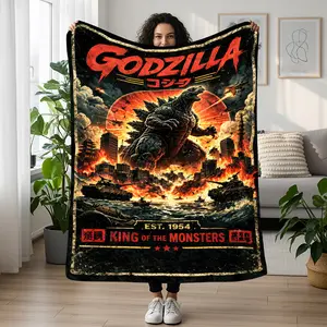 Godzilla Retro Style Flannel Blanket, 90s Throw Blanket, Soft Cotton Cozy Blanket for Bed or Couch, Idea Gifts