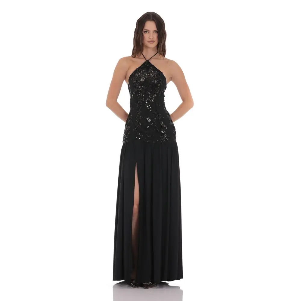 Drop Waist Sequin Maxi Dress in Black