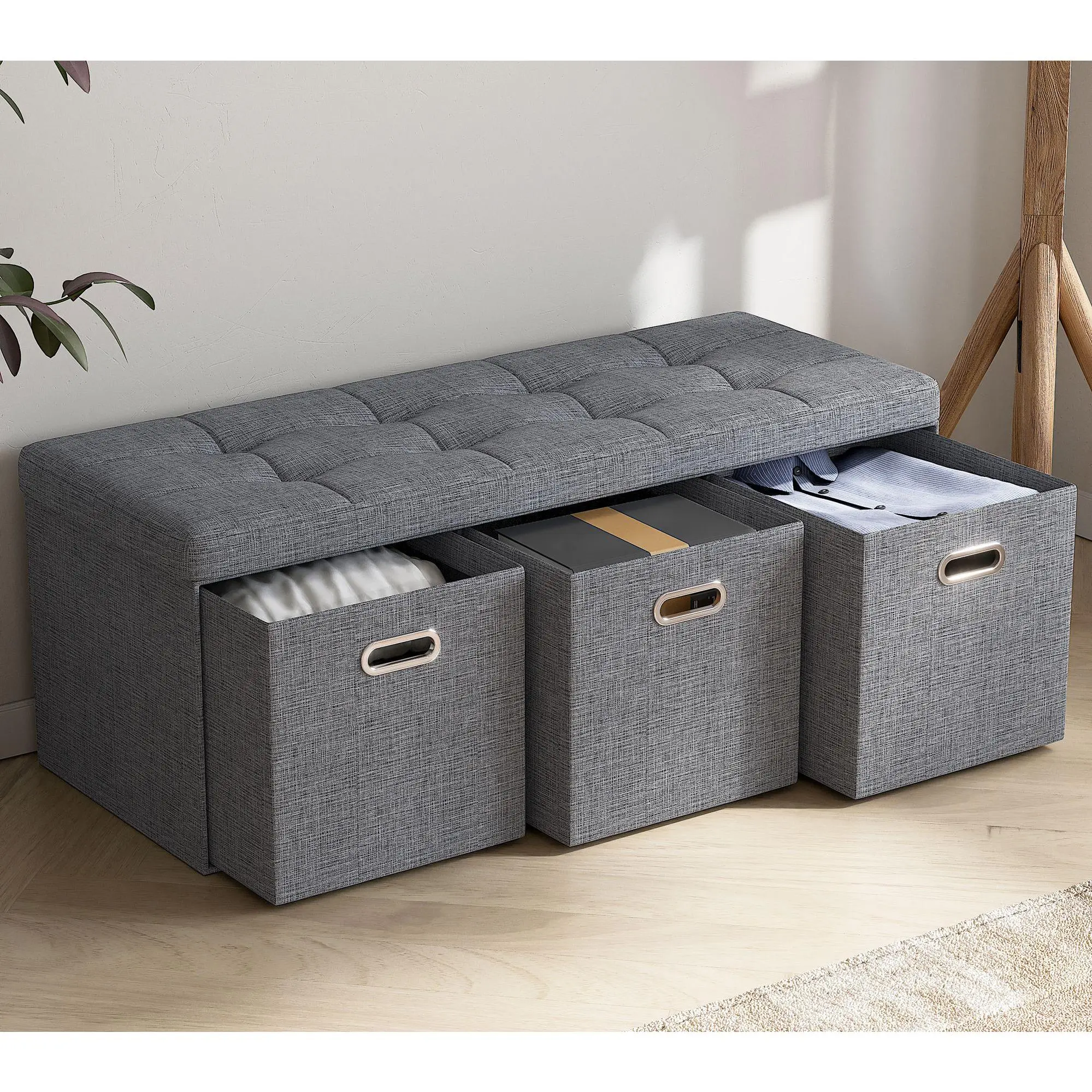 Ornavo Home Foldable Storage Long Bench Ottoman w/ 3 Drawers