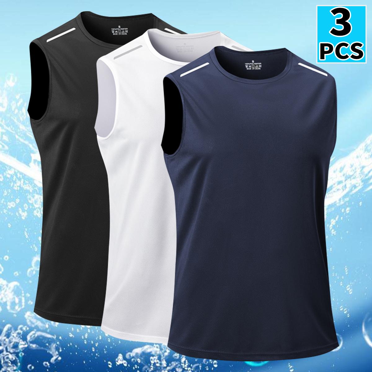 Men's 3-Pack Tank Top - Breathable, Quick-Dry Sleeveless Shirt, Suitable for Summer Gym, Running, and Training, Crew Neck, Polyester Fiber, Black/White/Navy Blue, Athletic Wear