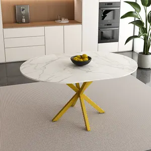 Modern and simple round dining table with extendable blades, carbon steel X-shaped base, sturdy and durable, suitable for restaurants, small apartments and kitchens (can accommodate 4-6 people)