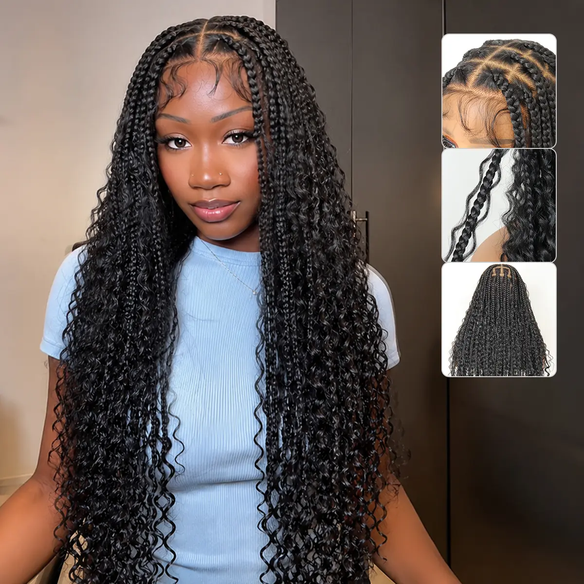 Boho Braided Wig 36Inch Full Lace Premium Synthetic Knotless Box Braid Wig with Baby Hair Bohemian Curly Ends