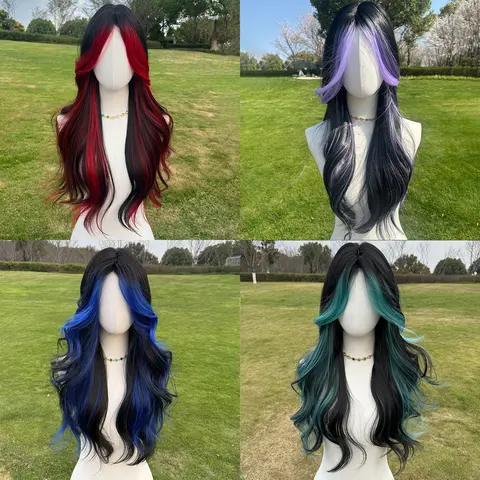 SMILCO 26" Wavy Black & Red Highlights Synthetic Wig Middle Part Glueless Natural-Looking Scalp Money Pieces Full Machine Cap Adjustable Straps Breathable Cap Vibrant Color Soft Texture SM398 SM5029