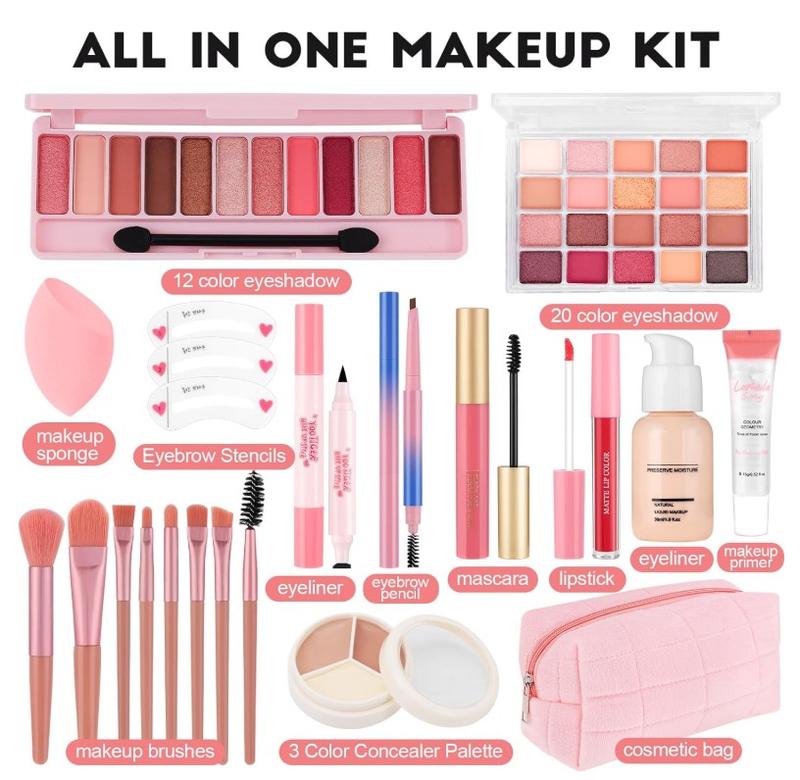 All In One Makeup Kit for Teen Girls Beginners with Foundation,Eyeshadow, Lipstick, Eyeliner, Mascara, Brushes, Bag, Travel Friendly MakeUp Gift Set, Birthday Gifts for Teen Girls, Graduation Gifts