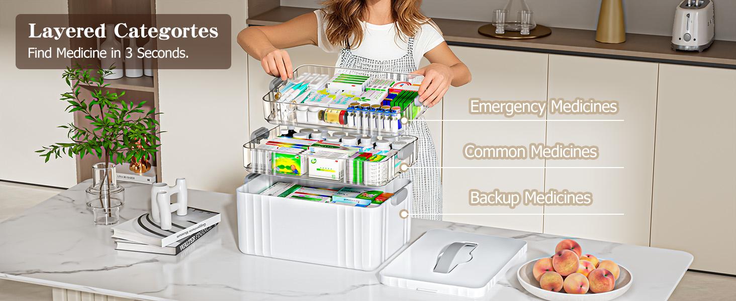 3-Tier Large Capacity Medicine Organizer Box with Removable Trays, Lockable Design & Carry Handle for Home First Aid