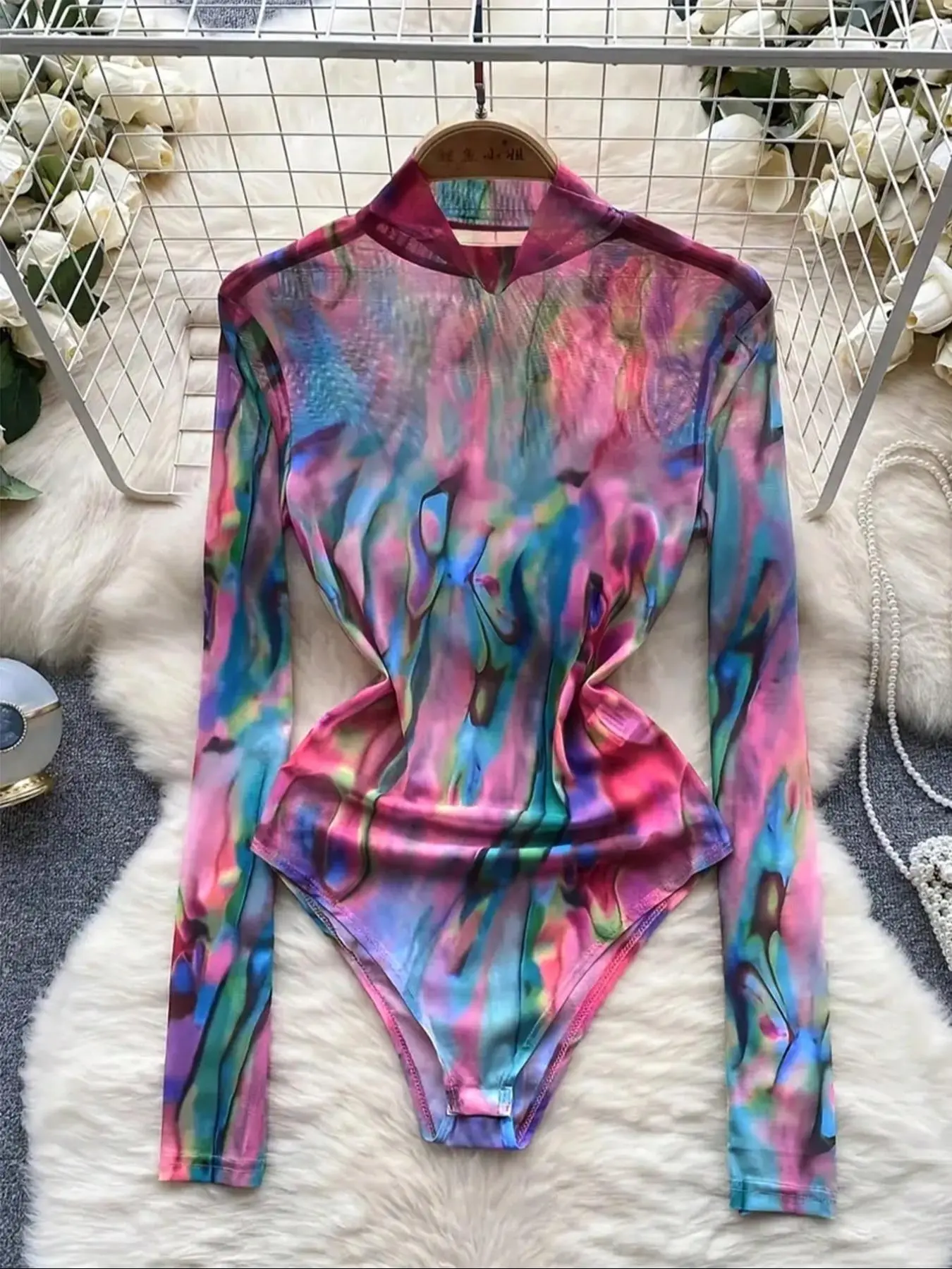 Women's Tie Dye Print Long Sleeve Bodysuit, Casual High Neck Bodysuit, Ladies Clothes for Spring & Fall, Casual Fashion Bodysuit