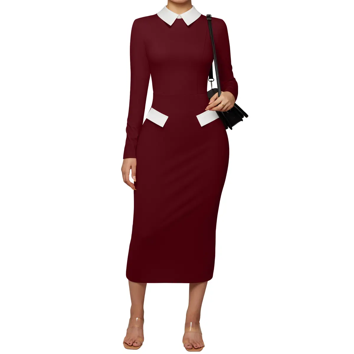 OYV Women's Elegant Pencil Dress Peter Pan Collar Long Sleeve 2025 Trendy Work Knee Length Dresses