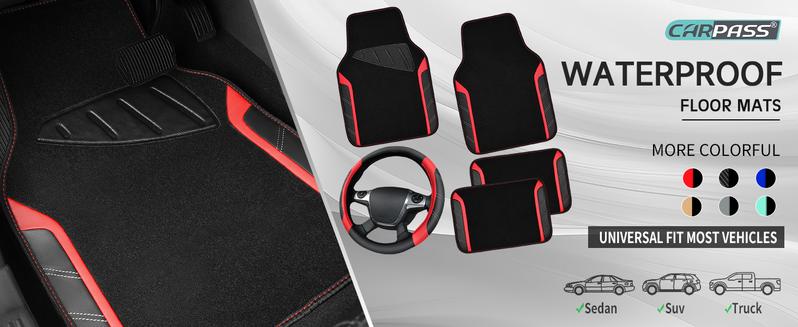 CAR PASS 5pcs Leather Steering Wheel Cover and Waterproof Car Floor Mats,fit for 95% Sedan,SUV,Cars,14.5-15inch Sporty Anti-Slip Safety Comfortable