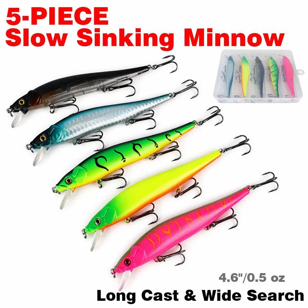 5-PCS Slow Sinking Minnow Fishing Lures - 4.6 in, 1/2oz Long Cast Jerkbait with Rattles, 3 Treble Hooks & Vivid Scales, Saltwater Bass Trout Freshwater Hard Swimbaits with Tackle Box