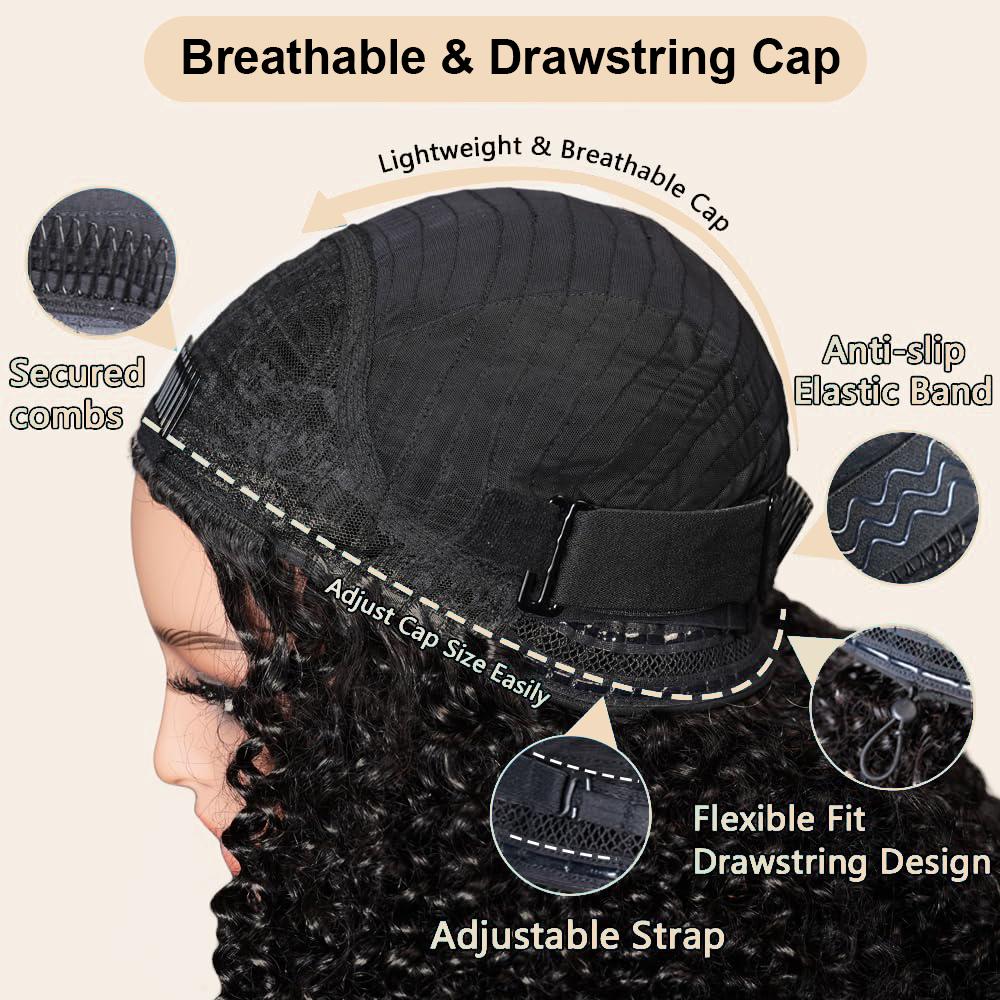 Half Wig Human Hair Glueless Wigs Upgrade 3 IN 1 Half Wig With Drawstring Seamless Clip Ins Flip Over Kinky Curly Half Wig Human Hair 200% Density Wear Go Glueless Wigs 100% Human Hair Wig Beginner Friendly For Women