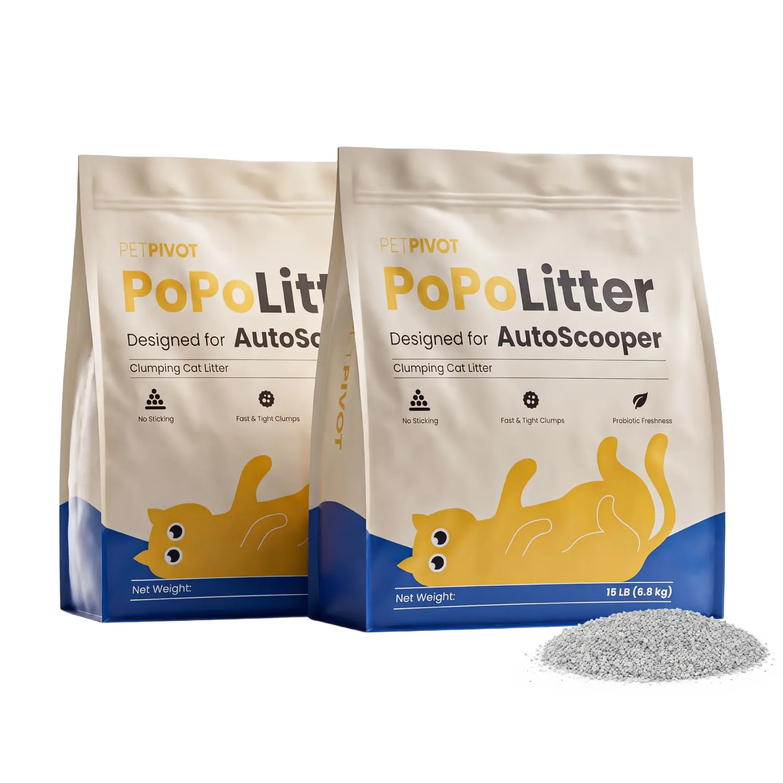 PetPivot PoPoLitter No-Stick Hard Clump Mineral Clay Cat Litter for Auto Scoop & Automatic Litter Boxes, Fast Firm Clumps, Probiotic Odor Control, Low Dust, Made in USA, 30 lb (2 x 15 lb Bags)