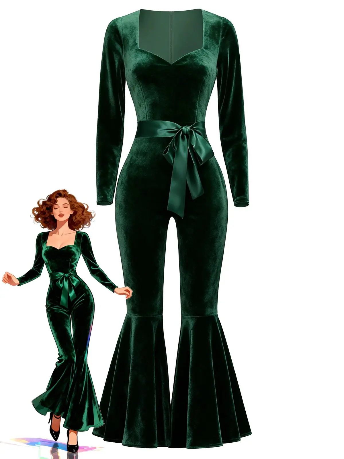 RETRO STAGE Women's 1970s Vintage Green Polyester Blend Velvety Jumpsuit - Long Sleeves, Sweetheart Neck, Belted Waist Fit, Flare-Leg, Fitted Cut, Ankle-Long Drape, Back Zipper, Retro Stage Look, Size M, Do Not Bleach, Dry In Shade