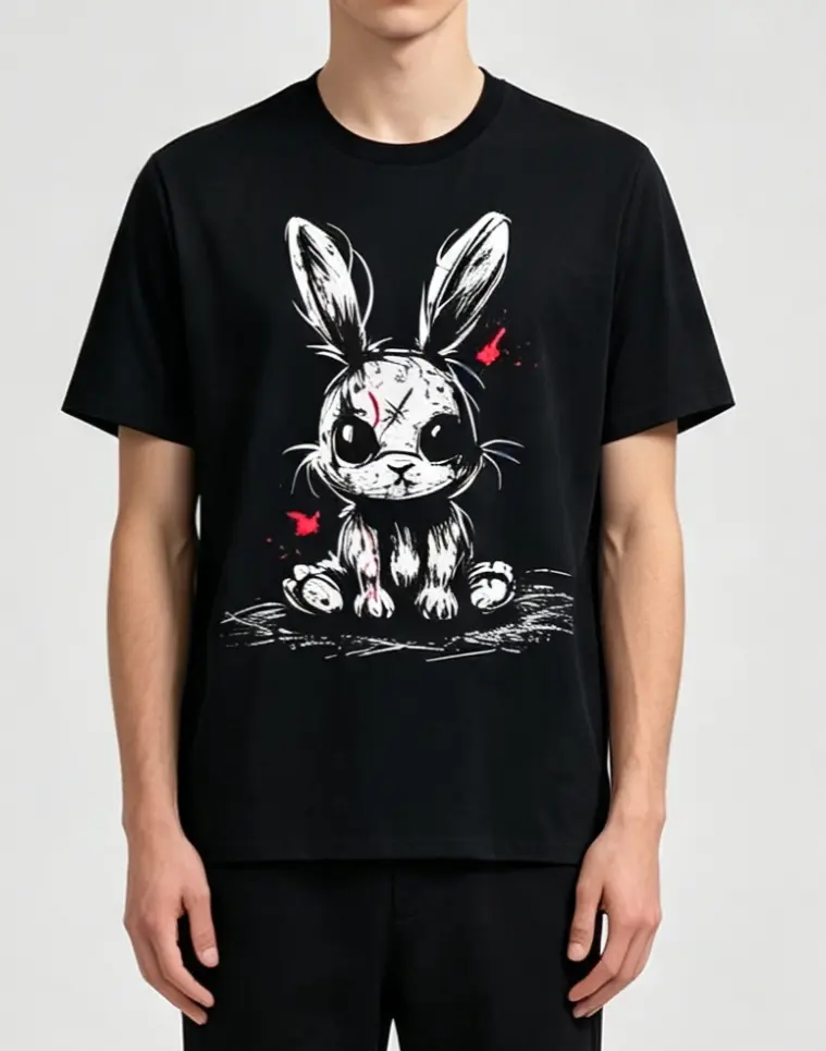 Men's Novelty Stitched Horror Bunny Blood Splatter Grunge Gothic Graphic Shortleeve Top - Dark Creepy Doll Aesthetic, Breathable Vintage Cotton Crewneck, Unisex Big Casual Summer Streetwear Cargo Statement Tee