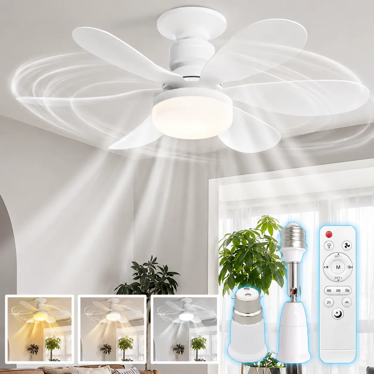 Socket Ceiling Fan Light with Remote Control, E27 & B22 Base 50W Dimmable LED (3000K-6500K Color Temperature), 3-Speed Silent Tool-Free Light Socket Fan, Moving & Apartment Essentials for New Home,dorm essentials,home essentials