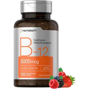 Horbäach B12 Vitamin 5000 mcg | 120 Fast Dissolve Tablets | Sublingual Methylcobalamin | Vegetarian, Non-GMO & Gluten Free Supplement