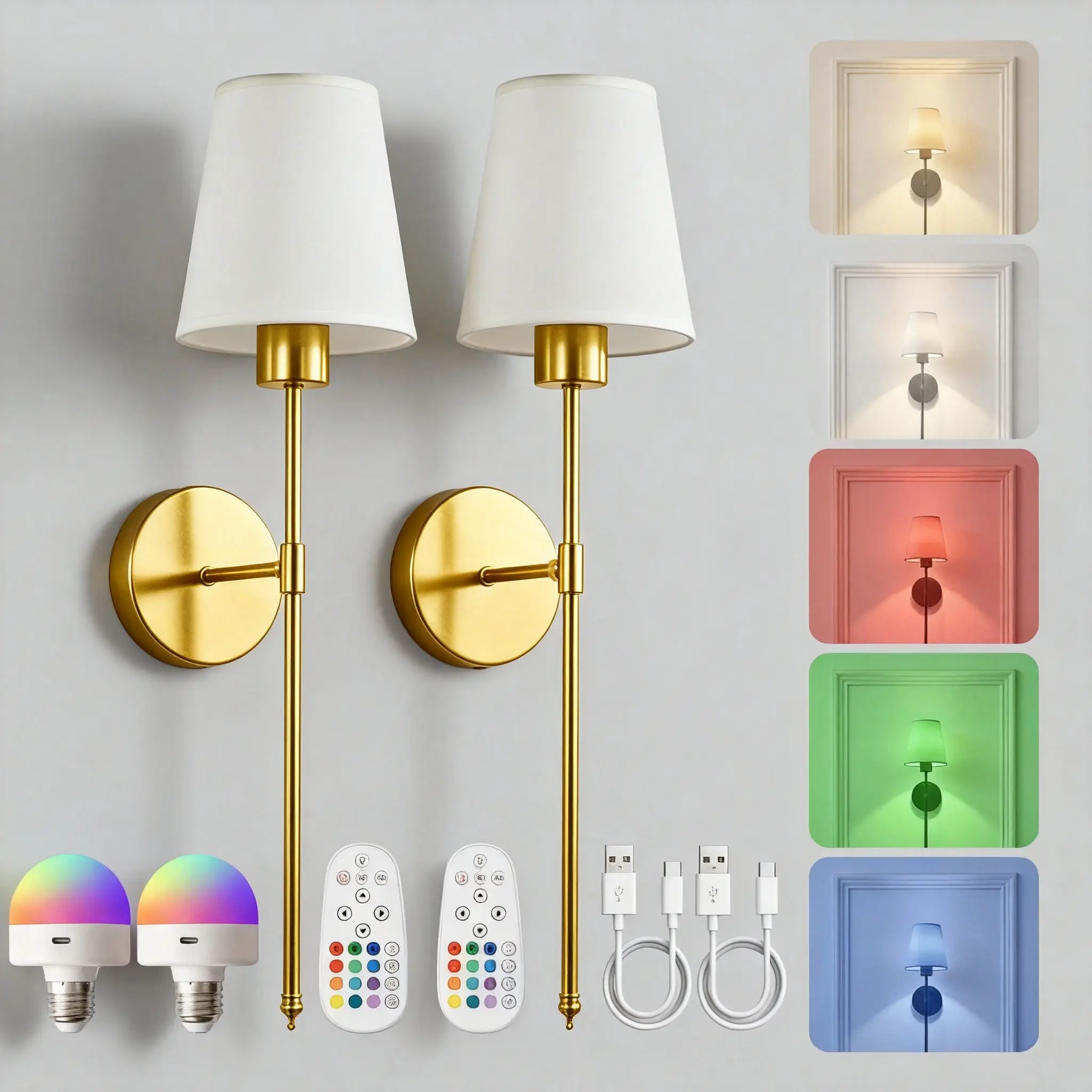 2-Pieces Modern Home Decor Wireless Wall Sconces - Rechargeable Battery-Operated, Remote-Control RGB Colors LED Wall Lights, Dimmable for Indoor Use Bedroom, Living Room | Home Improvement Lighting (Gold/Black)