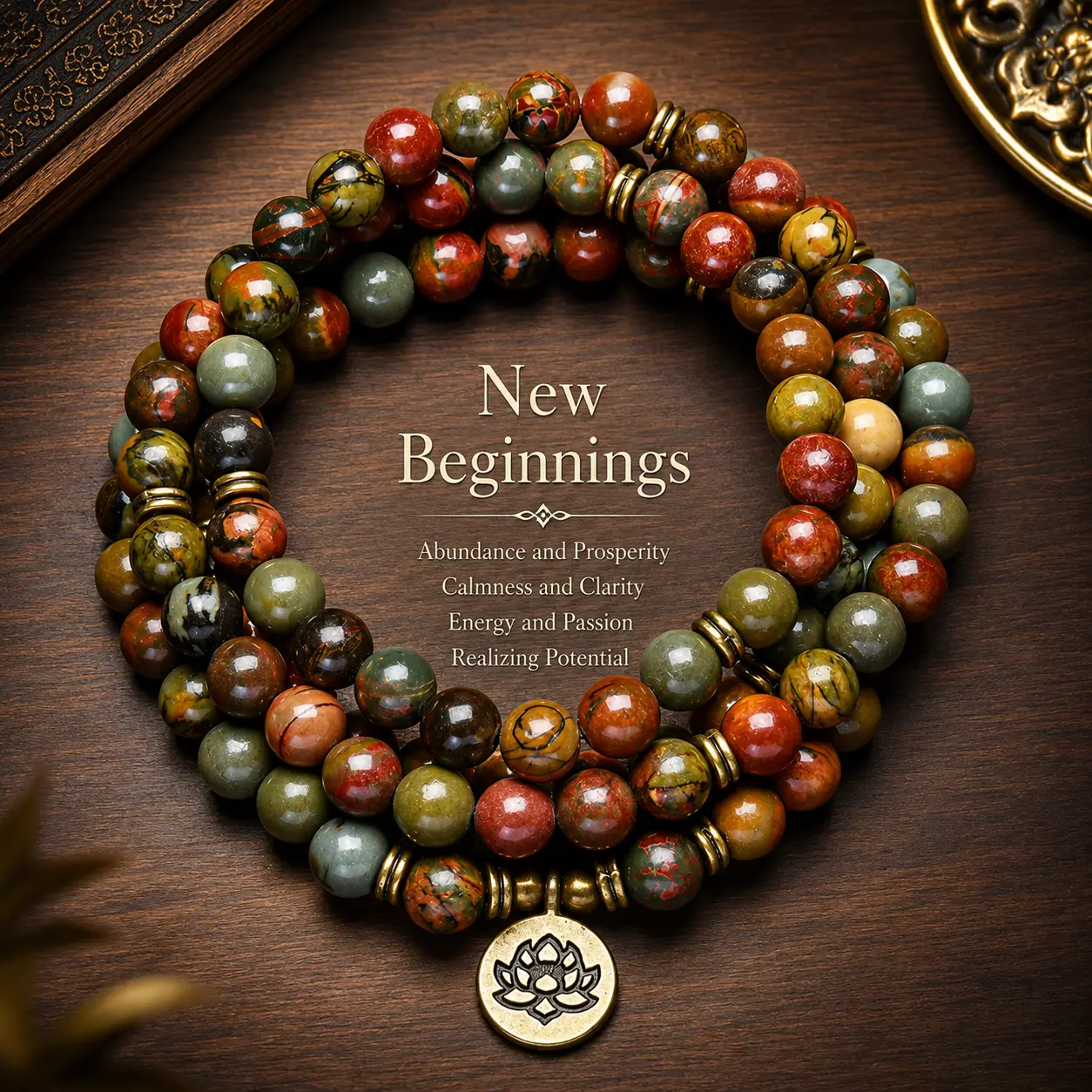 Vintage Bohemian 108 Mala Beads Healing Crystal StoneHandmade Stacked Elastic Bracelet -Picasso Stone NaturalMindfulness Long Beaded Wrap Gemstone Mala PrayerBeads Lotus Buddha Charm Yoga Japamala JewelryNecklace Elegant Lotus Pendant, Ramadan summerwins,