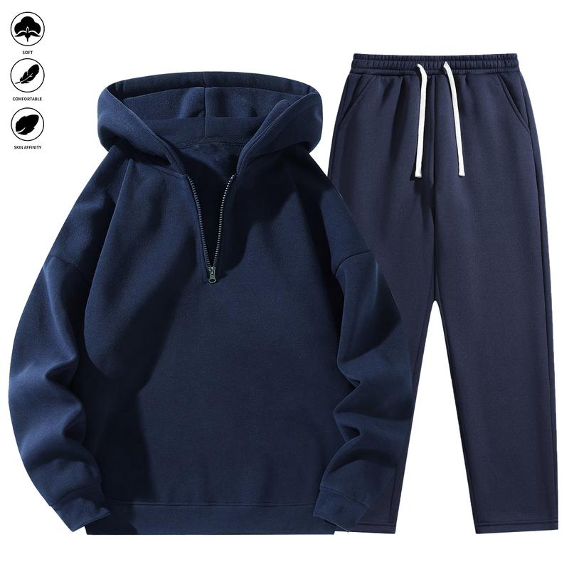 Men's Plain Two-piece Sweatsuit Set, Basic Regular Fit Casual Drop Shoulder Half Zip Hoodie & Pocket Drawstring Sweatpants, Men's Clothing