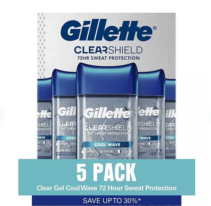 Gillette Clearshield Cool Wave Clear Gel Men's Antiperspirant & Deodorant 3.8 oz 5 Pack Non-Irritating Formula for Reliable Sweat & Odor Defense