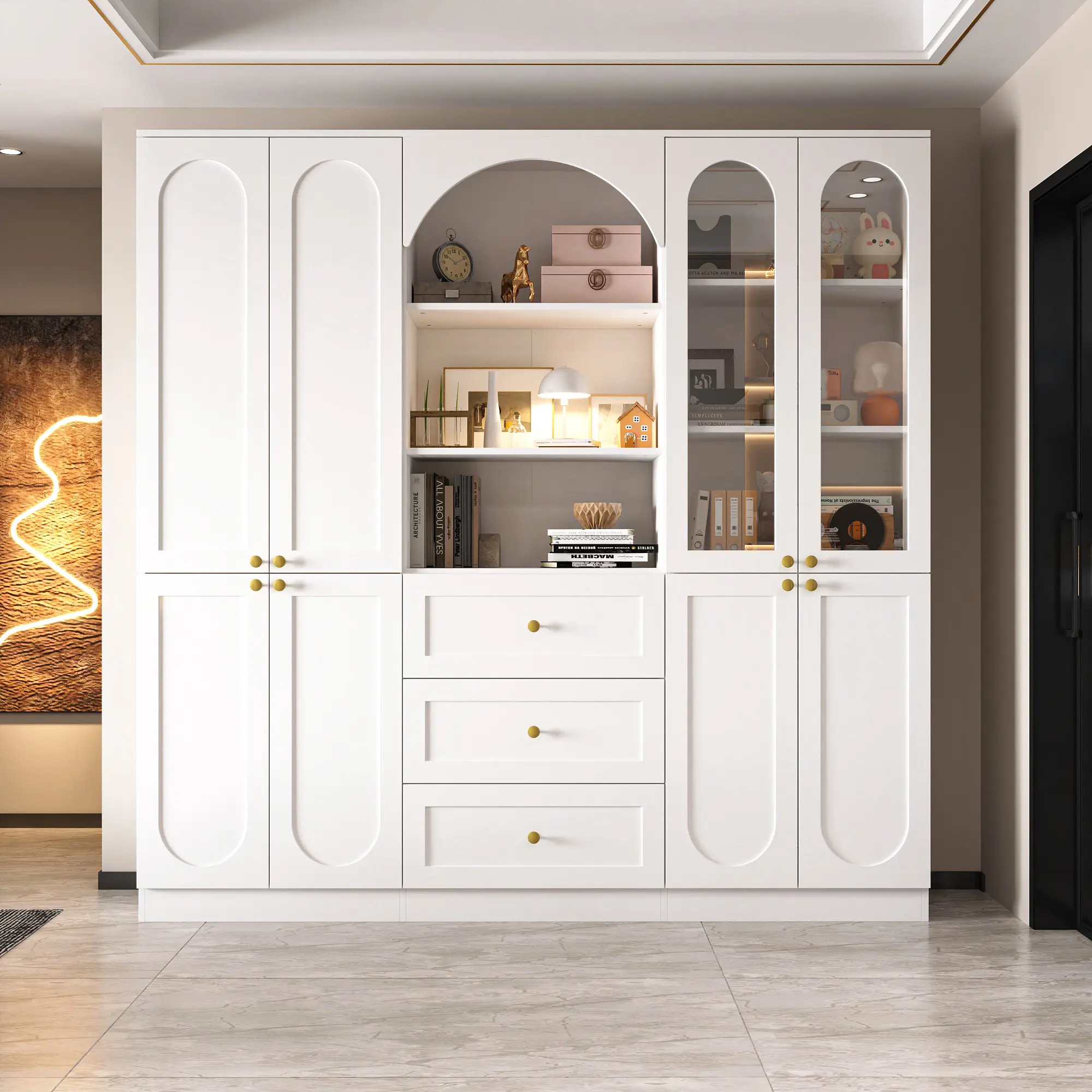FUFU&GAGA 71" White Arched Top Office Bookshelf - Contemporary Bookshelf with Drawers, Glass Doors, Linen Cabinet Storage, Rustic & Modern Farmhouse Decor Living Room Furniture