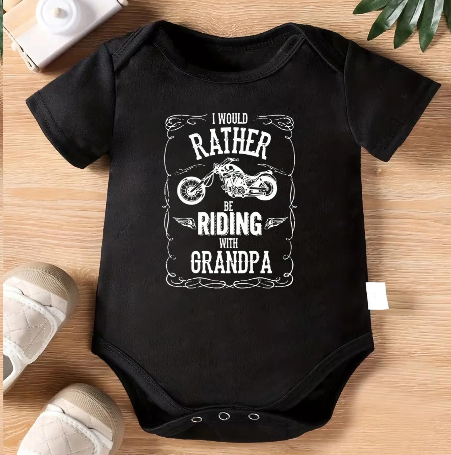 1pc Baby Crawling Suit - Black Onesie with "I'd Rather Be Riding with Grandpa" Print - Soft Cotton Outfit for Newborns & Toddlers 0-3 Years - Grandpa Motorcycle Gift - Machine Washable Infant Wear
