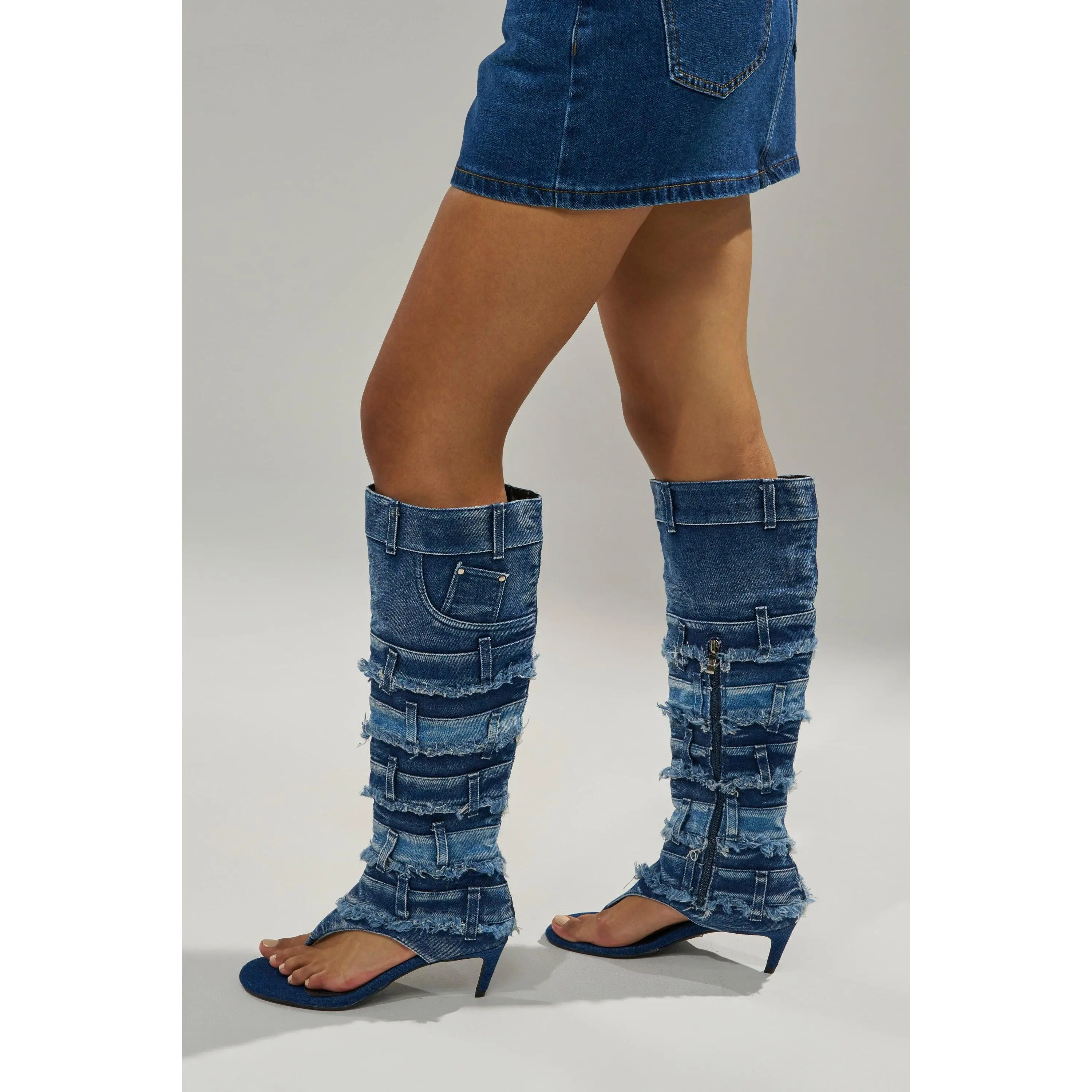 AKIRA GOLD MAHONEY DENIM PANT DETAIL GLADIATOR STILETTO